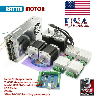 US丨4 Axis USB Mach3 CNC Controller Kit Nema23 Stepper Motor 76mm 270oz-in&Driver