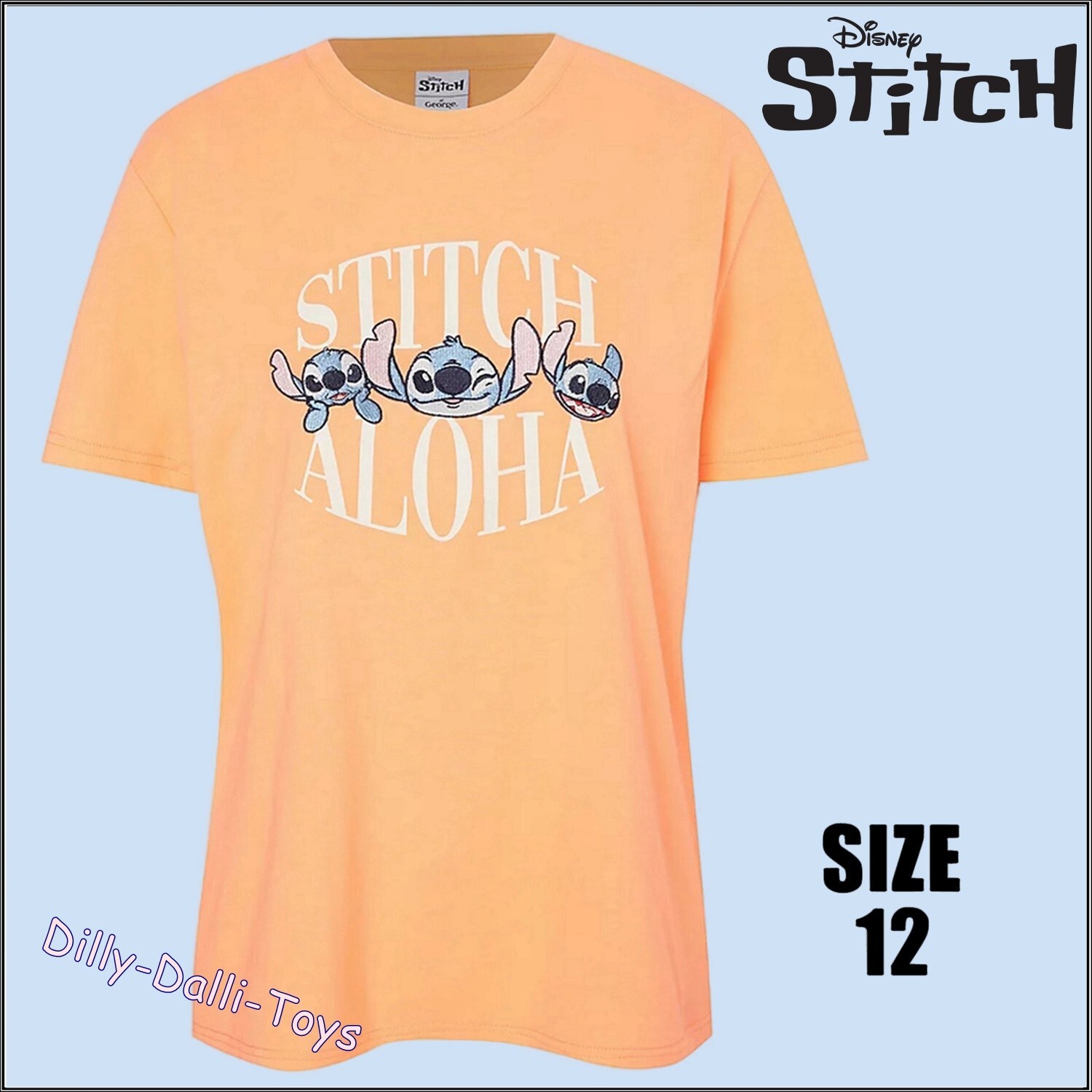 Size 12 Disney Stitch Aloha TShirt Short Sleeve Embroidered Loose Fit Top Orange
