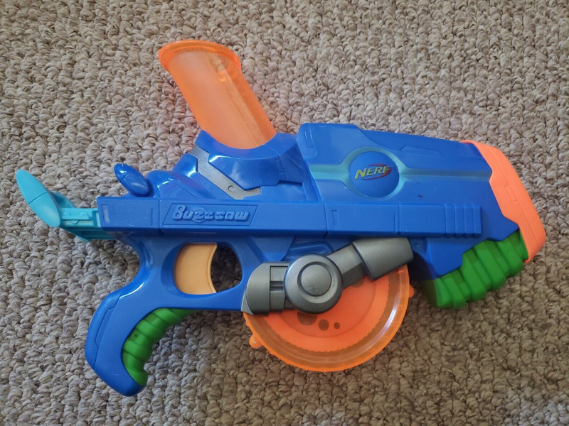 Vintage Blue NERF Buzzsaw Toy Gun Blaster Hasbro 2006
