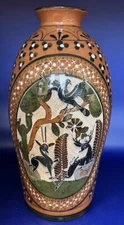 Jose Bernabe Tonala Jalisco Mexican Art Pottery 11" Tall Vase - Stags Bird Trees