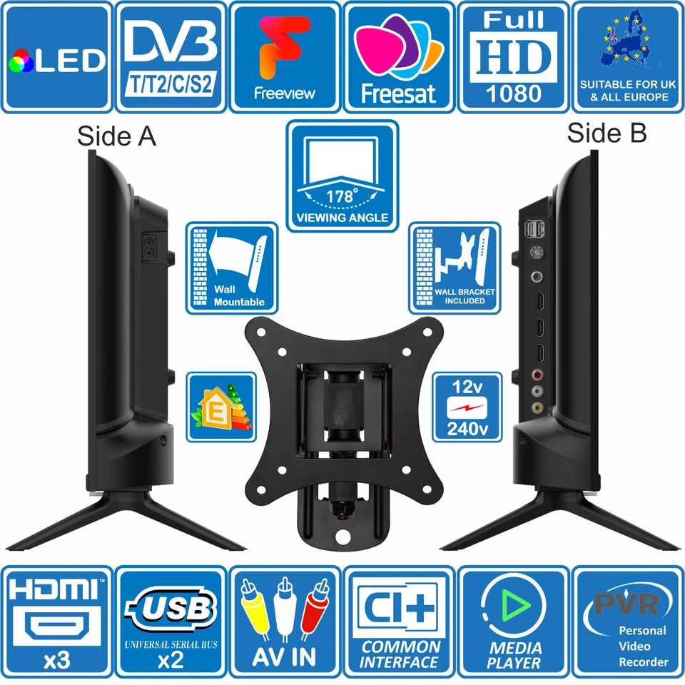 22" TV + Wall Bracket 12V / 240V Full HD TV ideal for MOTORHOME CARAVAN BOAT VAN - Image 4 of 4