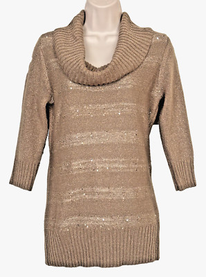 I.N. San Francisco Women Beige Metallic Turtleneck Pullover Sweater M R3-O16
