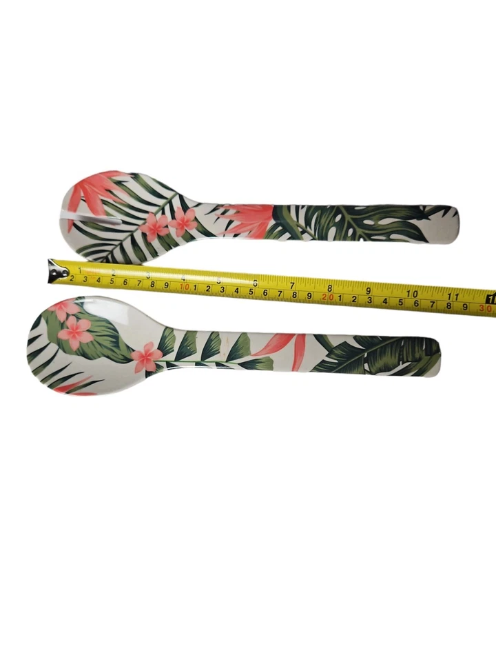 Juego de ensaladera y utensilios de melamina Tropical Palm Frond ~ melocotones y verduras ~ NUEVO EN CAJA Foto 2 de 3