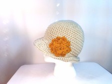 Cloche Flapper Hat Handmade Crochet Beige With Tan Flower Accent