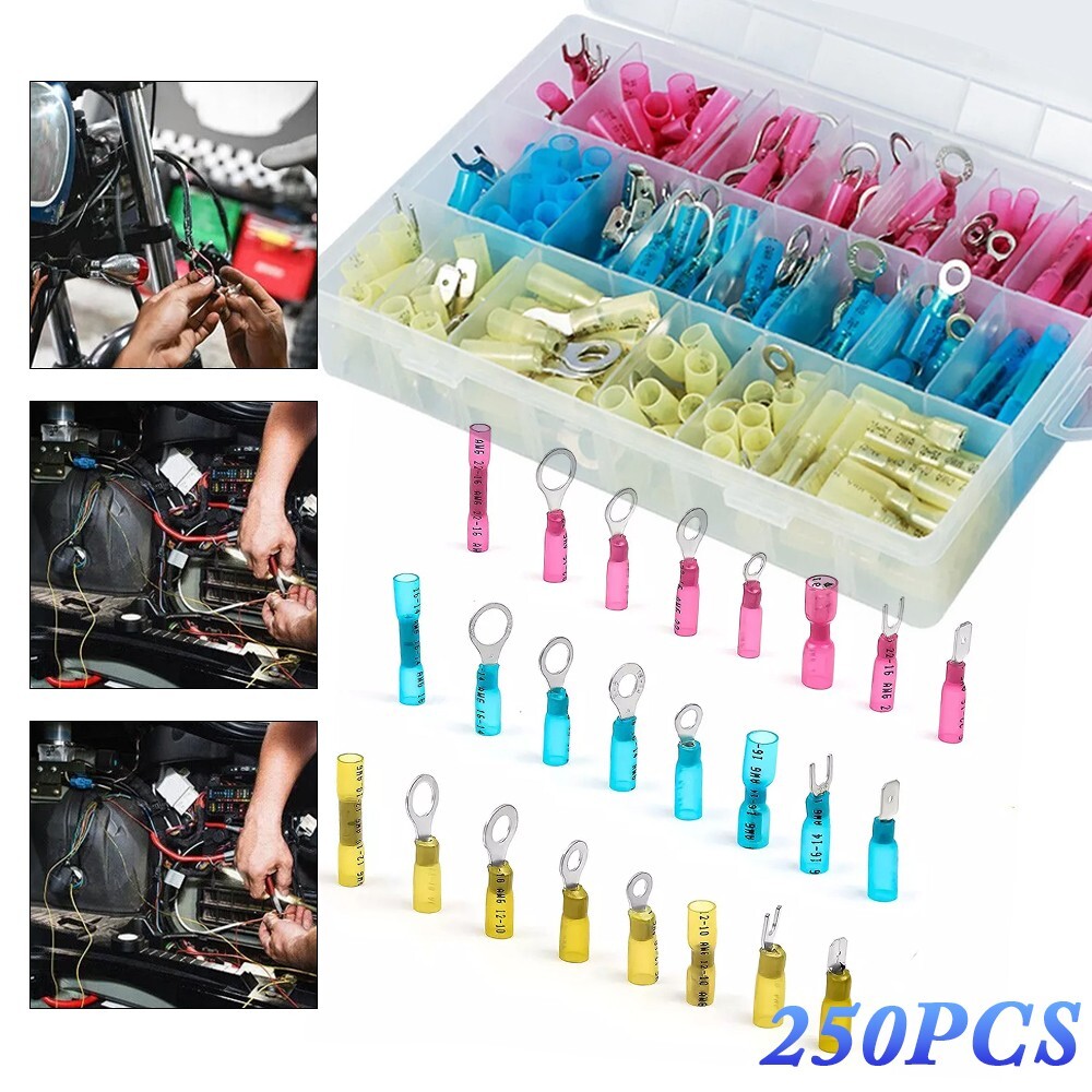 250x Heat Shrink Wire Connectors Electrical Ring Fork Spade Crimp Terminals Kit