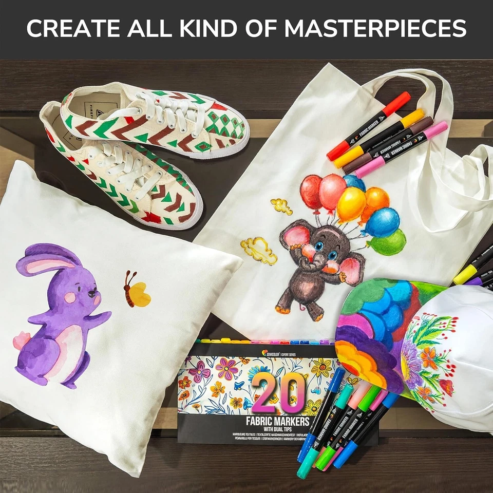 20 Marcadores de tela Zenacolor, doble punta fina + punta de cincel, colores permanentes vivos Foto 4 de 4