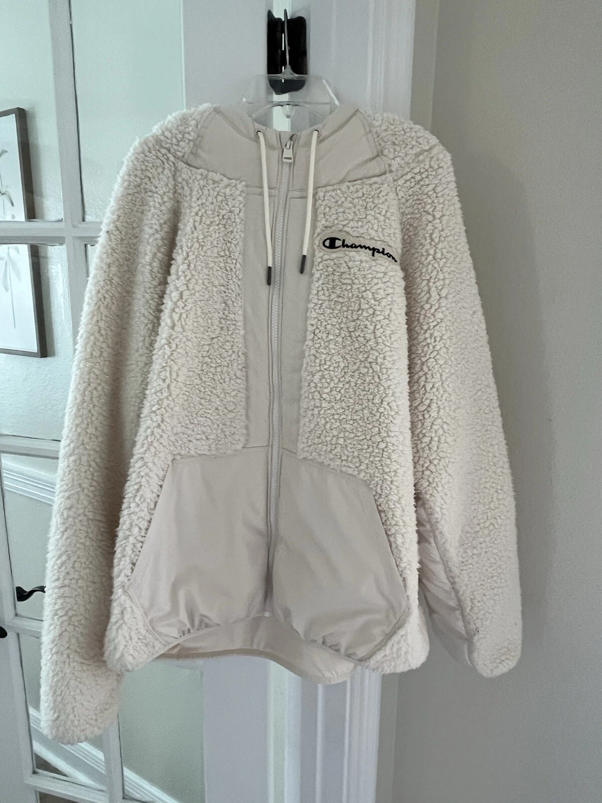 OFF WHITE Giacca pile CHAMPION FULL ZIP CON CAPPUCCIO XL Ottime condizioni Donna Off White