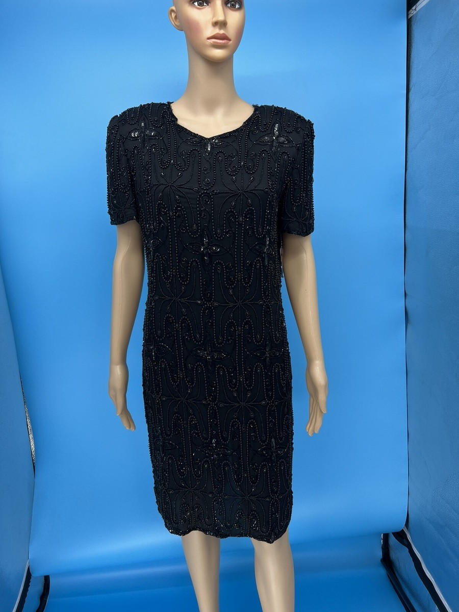 papell boutique evening beaded dress Vintage NWT Y2K Women's Black Silk Size: 8 The long silhouette and exchange124 Jerdar Autumn Cross V-neck Color:Gunmetal Black Ombre