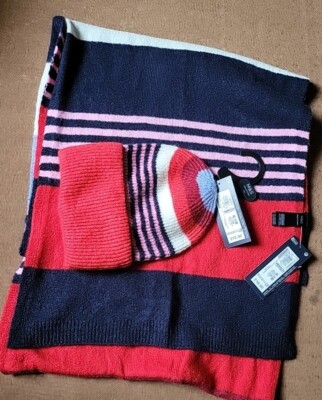 NEW M&S LADIES NAVY MIX STRIPPED SCARF AND HAT SET - Main Image