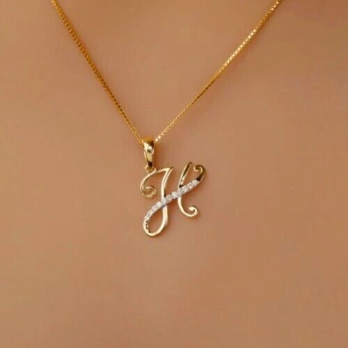 Colgante inicial "H" para mujer corte redondo diamante simulado chapado en oro amarillo de 14 k Foto 2 de 4