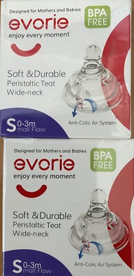 Evorie Wide-Neck Anti-Colic Soft Silicon Baby Feeding Bottle Nipple SMALL 2 pk