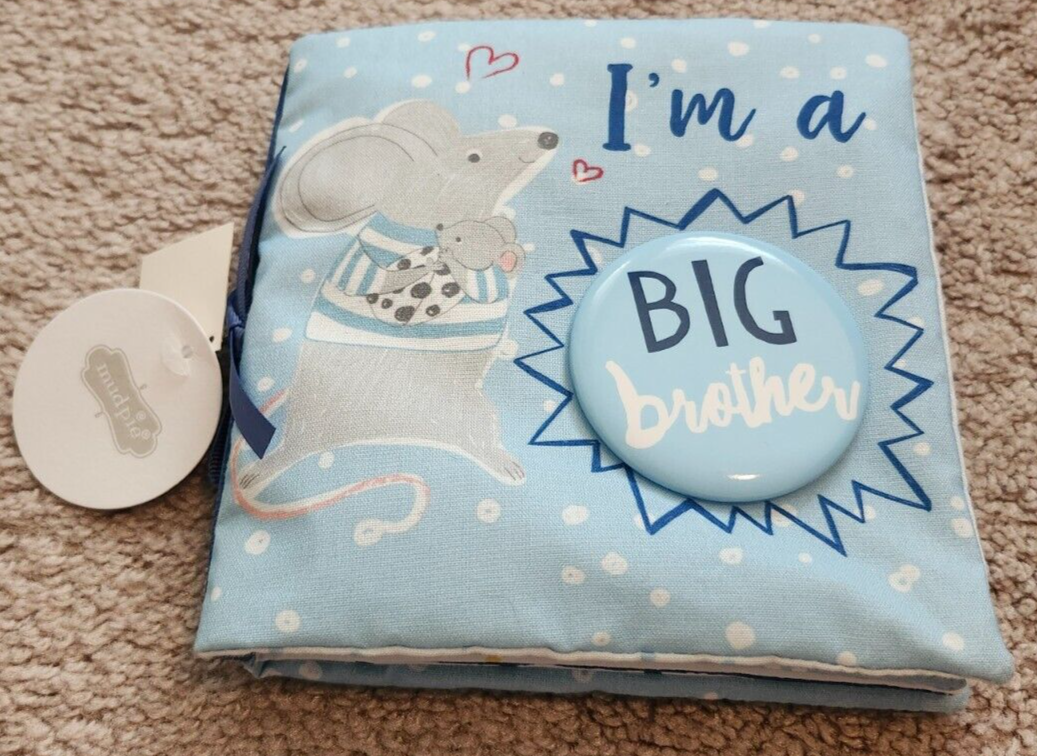 NEW NWT MUDPIE I'm a BIG BROTHER SOFT BOOK & PIN SET BABY BOOK BLUE MOUSE GIFT