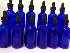 12 -- 2oz Blue Glass Bottles with Glass Eye Dropper Dispenser for Essential Oils