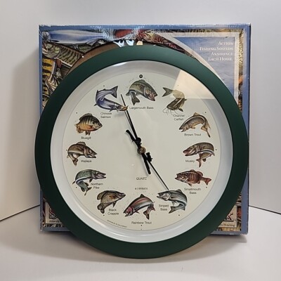Vtg 1999 Splashing Gamefish Hourly Fishing Water Sounds Wall Clock Works Box 13''