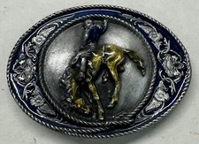 Vintage 1990 SISKIYOU Cowboy Riding Horse H-5 Western Belt Buckle Blue/Green