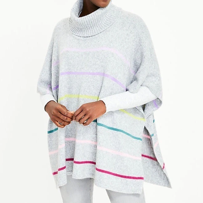 LOFT Womens Gray Striped Turtleneck Poncho Sweater Short Sleeves size XS Small
