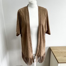 Faux Suede Open Front Tassled Jacket Boho Festival Fringed S/m 12 Lily White