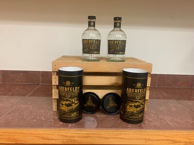 BOTTLE - 2 empty ABERFELDY 12 YR Highland Single Malt Scotch Whisky & canisters