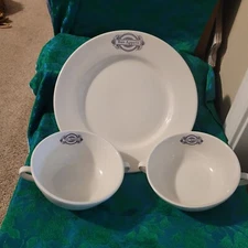 2 Crate & Barrel Bon Appetit Double Handled Soup Bowls & Dinner Plate