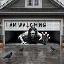 Halloween Garage Door Cover, 7X16Ft 'Watching You' Woman Ghost Double Car Garage