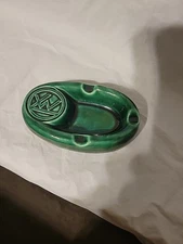 Vintage Ashtray Unique Green Glazed Oblong Ceramic Deco Collectible Preowned
