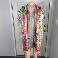 Johnny Was Women's Shirt L Floral Stellar Poncho Boho Silk Bohemian Tassel FF12