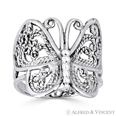 Schmetterling Tier Charm Milgrain breiter dicker Ring in oxidiertem 0,925 Sterlingsilber