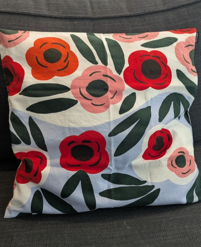 Funda Almohada Marimekko RUUKKU 100% Algodón Cremallera 19"×19 3/4" Floral Rosa Azul Foto 3 de 4