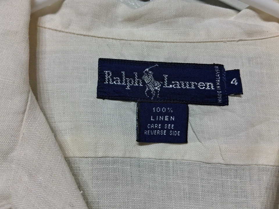 Blusa Ralph Lauren Vintage Para Mujer Blanca Lino Manga Larga Botón Delantero Talla 4 Foto 3 de 4