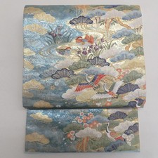 Japanese Kimono Fukuro Obi Silk Pine and crane dance pattern Gold