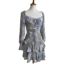 ASTR The Label Blue Floral Smocked Mini Dress Puff Sleeve Ruffle Size M