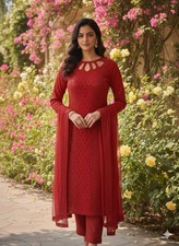 Beautiful Faux Georgette Red Salwar Kameez With Dupatta For Women Party Wear