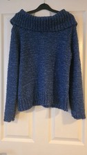 Alexara Womens Blue Knit Jumper Large Off Shoulder Bardot Slub Textured Pullover