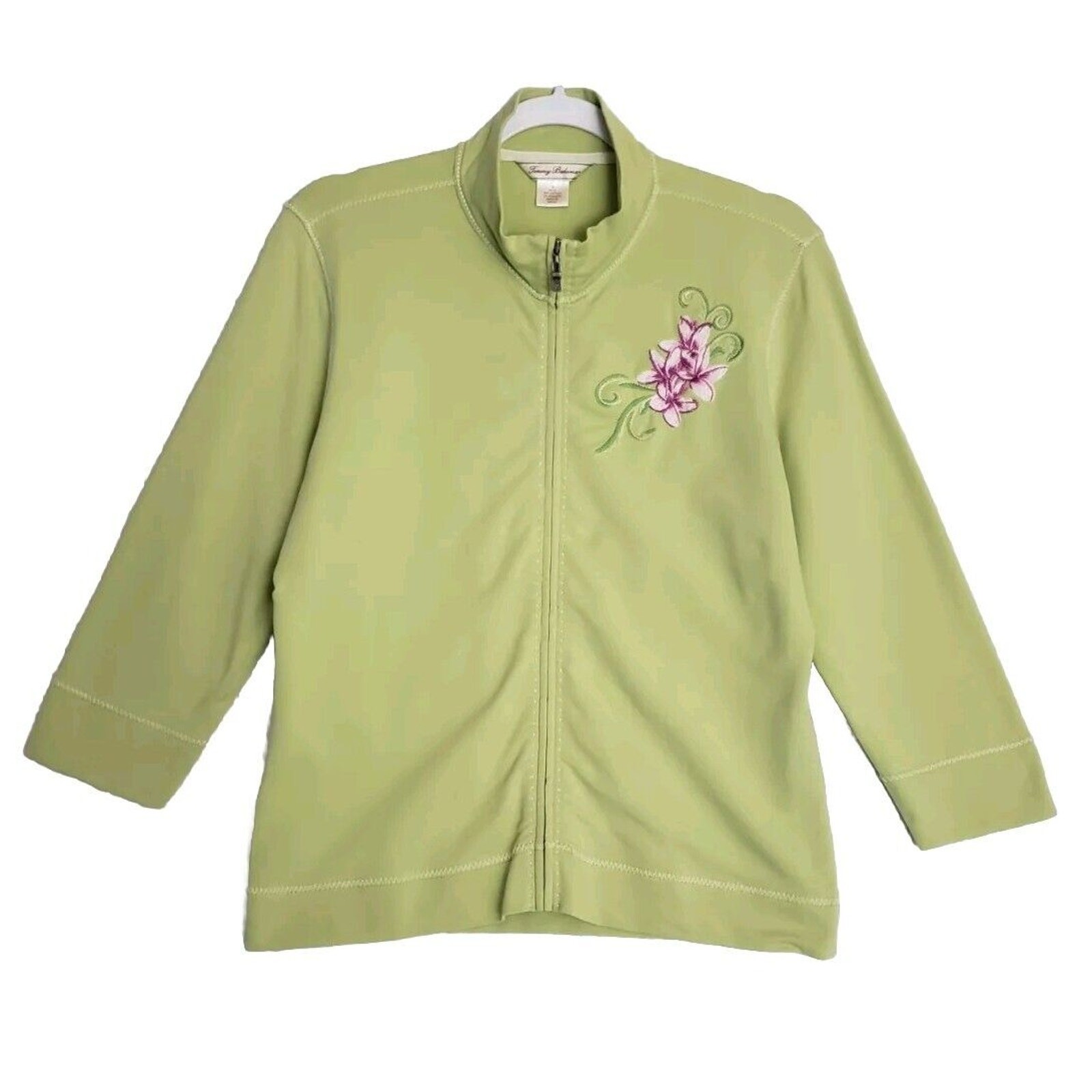 Tommy Bahama Womens Green Floral Embroidered 3/4 SleeveZip Up Cotton Jacket. M