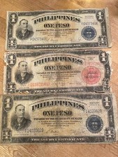 Lot of Three Philippines 1 Peso Notes - WWII Victory and 1936 Series