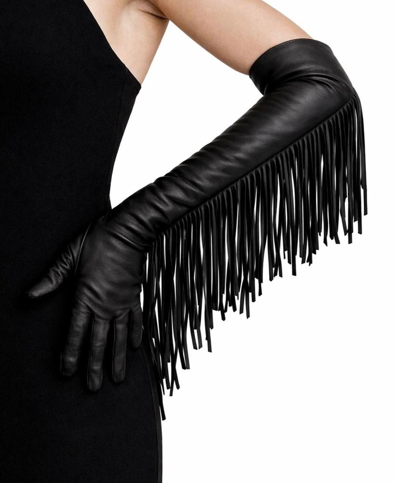 Leather Gloves Black Fringe Long Elegant Women Evening Formal Gloves