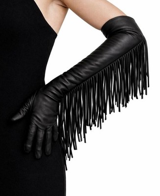 Leather  Gloves Black Fringe Long Elegant Women Evening Formal Gloves