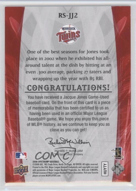2008 Upper Deck Spectrum Retrospectrum Swatches Red /45 Jacque Jones #RS-JJ2 - Image 2 of 2