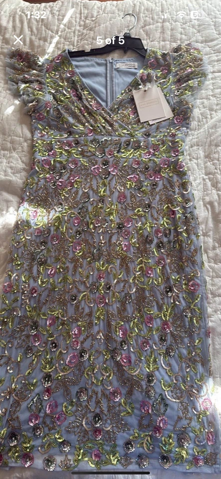 New Mac Duggal Floral Embellished Flutter Cap Sleeve Dress Slate Blue Multi Sz12 - Image 3 of 3