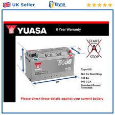 Car Battery YBX5019 Yuasa 019 900A 100Ah 5Yr WTY 353x175x190 Silver High Perf.