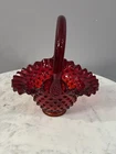 Vintage Small Ruby Red Fenton Hobnail Ruffled Art Glass Basket H 8 W 7