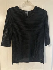 FDJ FRENCH DRESSING JEANS V-Neck Black Stripe Sheer 3/4 Sleeve Top Size S/P