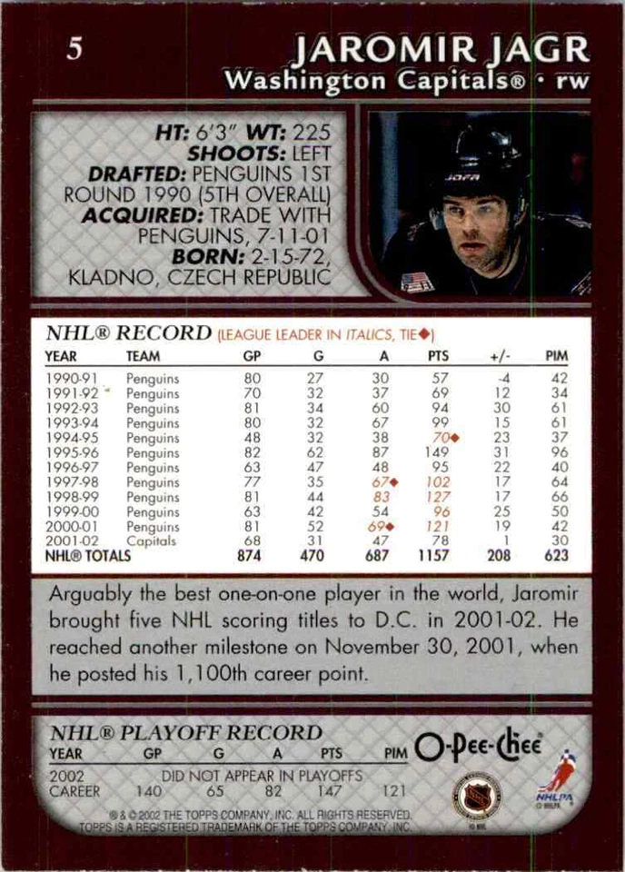 2002-03 O-Pee-Chee Jaromir Jagr #5 - Image 2 of 2