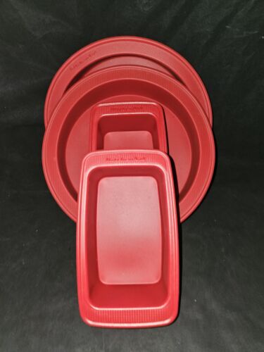  KitchenAid Red Silicone 9" Round Cake Pan x2 and  6"x4" Bread loaf Pan x2 EUC! - Picture 1 of 5