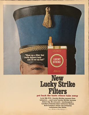 cigarette ads 1960s 1965 Lucky Strike Cigarettes New Filters Band I’ll Eat My Hat VTG 1960s  PRINT AD