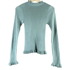 ASOS Size 0 Knit Top Mock Neck Wavy Ruffle Hems Long Sleeve Sage Green Shirt