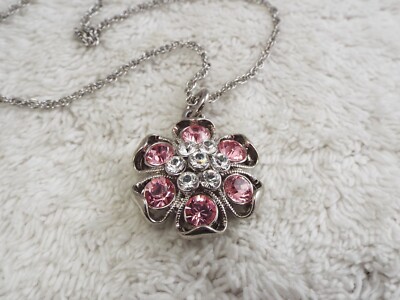 Silvertone Pink Rhinestone Flower Pendant Necklace (J5)