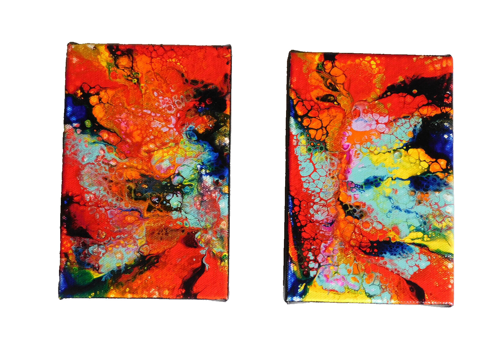Set of 2 Abstract Contemporary Red Pour Paintings  Original Art by Rain Crow