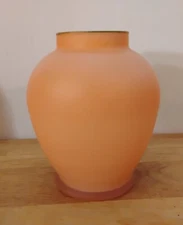 Vintage Frosted Orange Glass Vase - Green Rim, VG