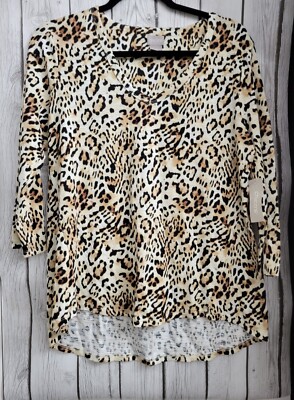 Chico's Women's  Leopard 3/4, Sleeve V Neck Cotton Blend Tunic Top. Size 1 